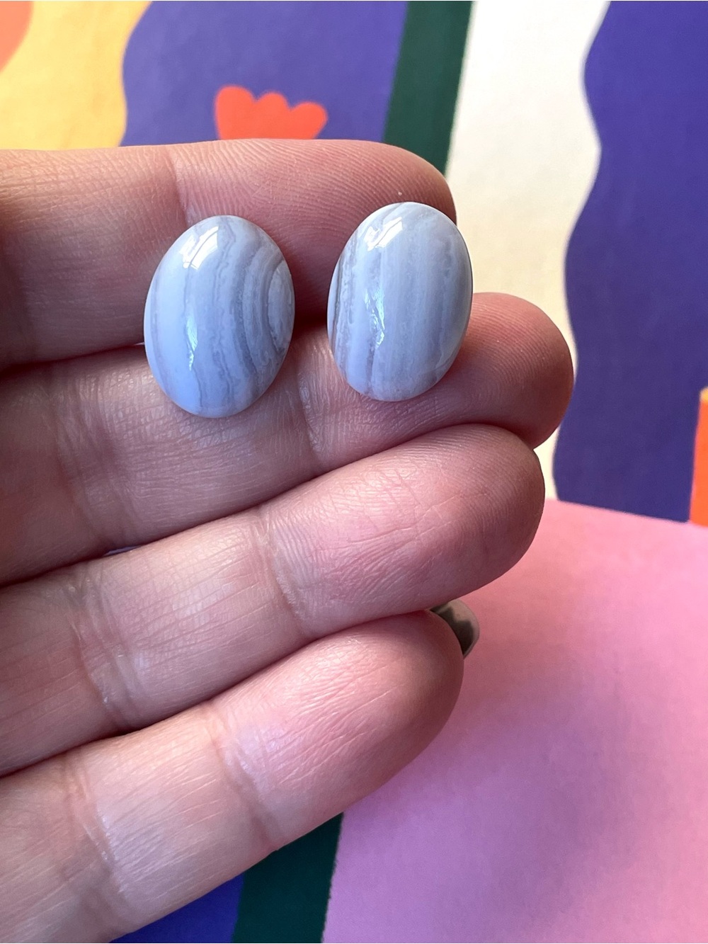 Vintage blue lace agate oval cabochon post earrings romantic natural boho